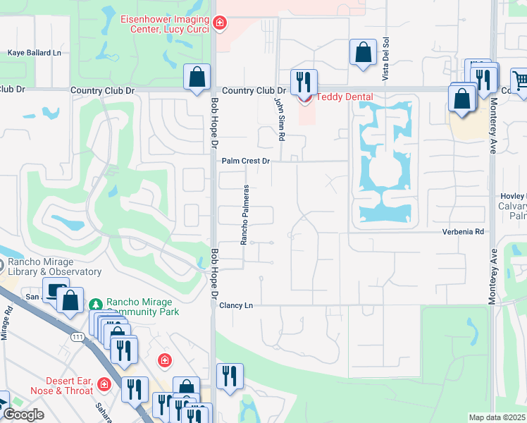 map of restaurants, bars, coffee shops, grocery stores, and more near 5 Collegate Circle in Rancho Mirage