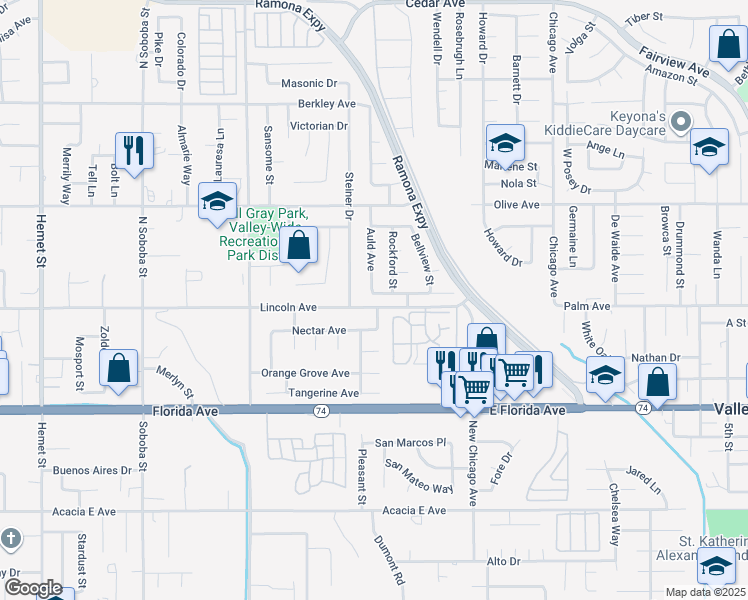 map of restaurants, bars, coffee shops, grocery stores, and more near 25461 Auld Avenue in Hemet