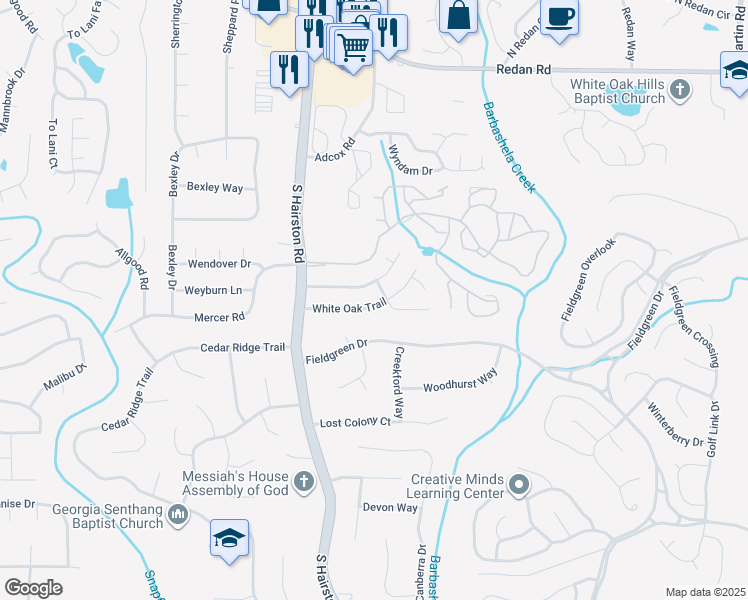 map of restaurants, bars, coffee shops, grocery stores, and more near 4801 White Oak Trail in Stone Mountain