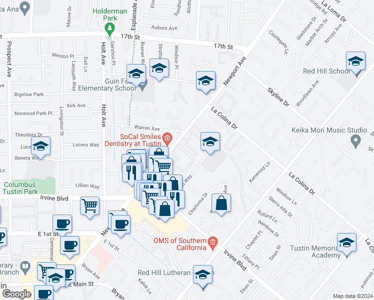 map of restaurants, bars, coffee shops, grocery stores, and more near 12720 Newport Avenue in Tustin