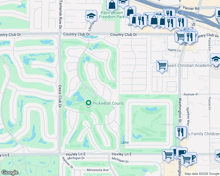 map of restaurants, bars, coffee shops, grocery stores, and more near 40922 Interlachen Lane in Palm Desert