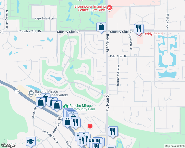 map of restaurants, bars, coffee shops, grocery stores, and more near 86 La Ronda Drive in Rancho Mirage