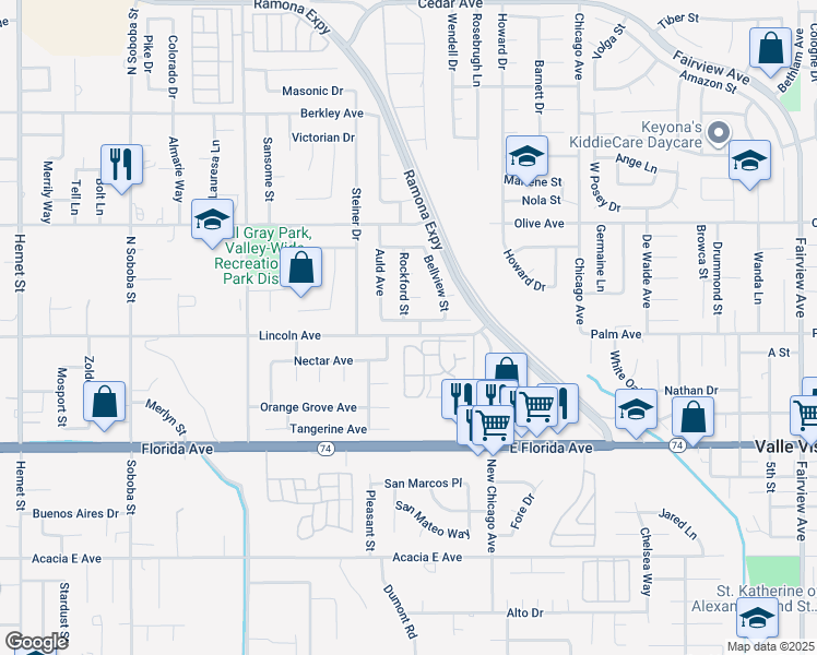 map of restaurants, bars, coffee shops, grocery stores, and more near 43117 Babcock Avenue in Hemet