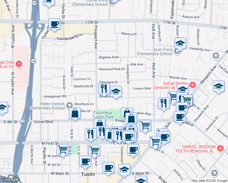 map of restaurants, bars, coffee shops, grocery stores, and more near 17902 Lucero Way in Tustin