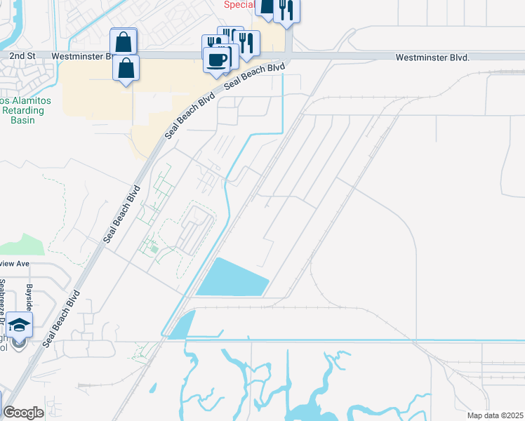 map of restaurants, bars, coffee shops, grocery stores, and more near Oakmont Road in Seal Beach