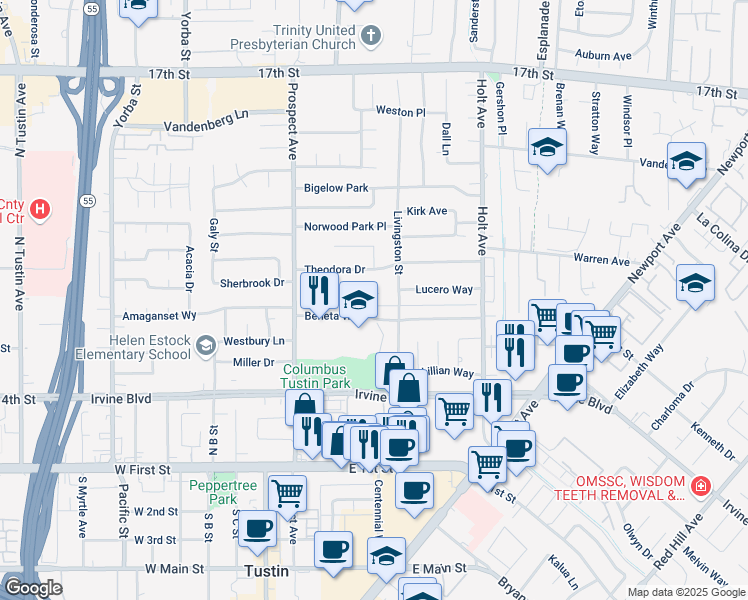 map of restaurants, bars, coffee shops, grocery stores, and more near 17952 Lucero Way in Tustin