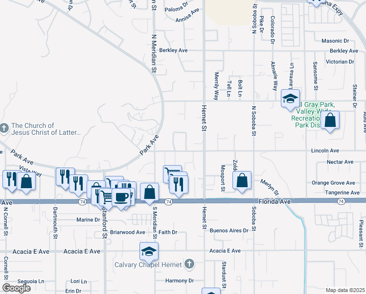 map of restaurants, bars, coffee shops, grocery stores, and more near 311 Tabby Lane in Hemet