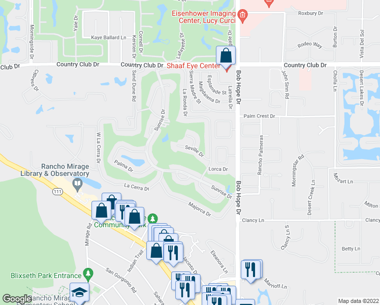map of restaurants, bars, coffee shops, grocery stores, and more near 14 Seville Drive in Rancho Mirage