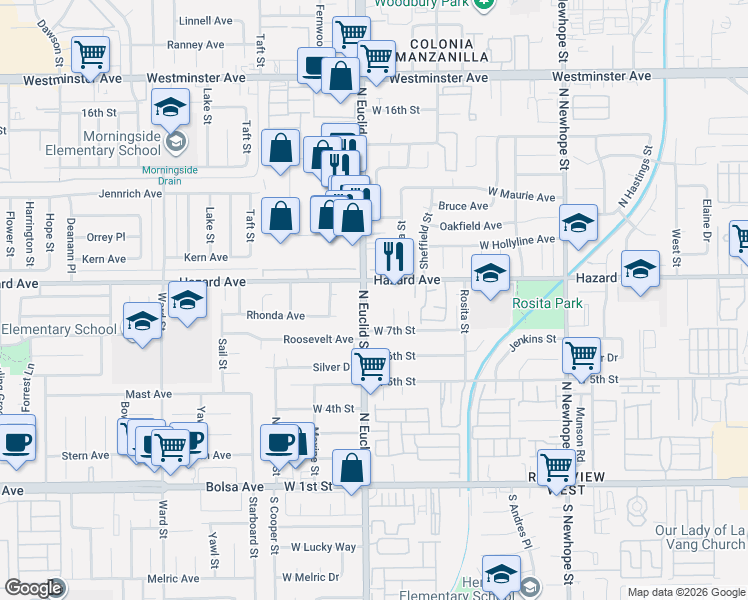 map of restaurants, bars, coffee shops, grocery stores, and more near 802 North Euclid Street in Santa Ana