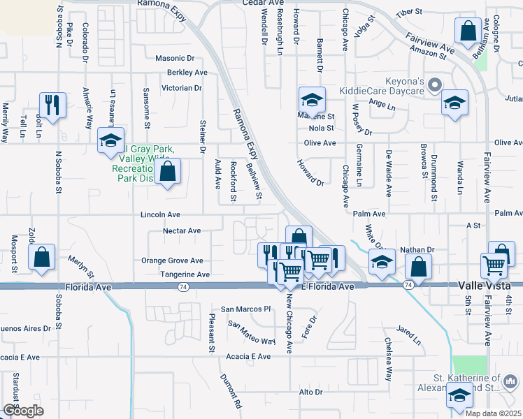 map of restaurants, bars, coffee shops, grocery stores, and more near 43211 Babcock Avenue in Hemet