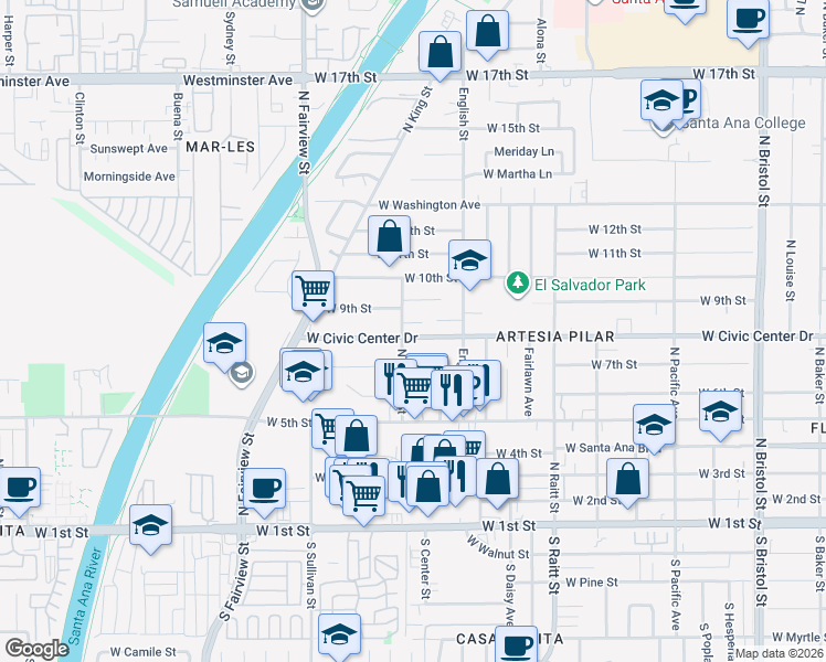 map of restaurants, bars, coffee shops, grocery stores, and more near 2038 Alco Avenue in Santa Ana
