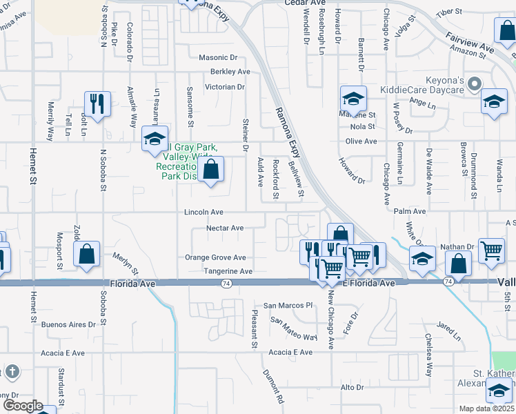 map of restaurants, bars, coffee shops, grocery stores, and more near 25461 Auld Avenue in Hemet