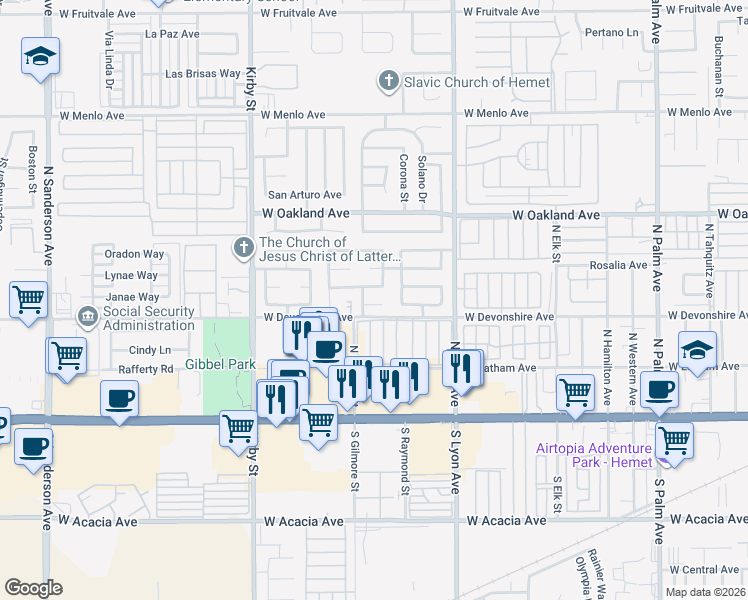 map of restaurants, bars, coffee shops, grocery stores, and more near 2072 Morada Court in Hemet
