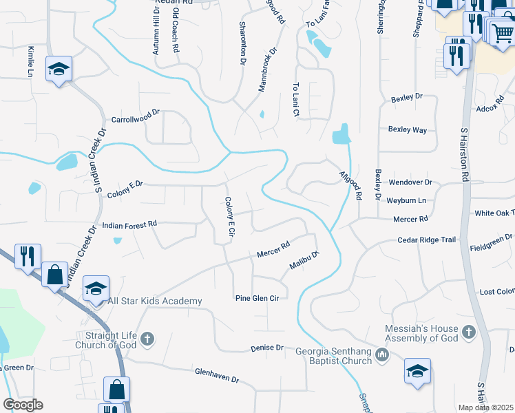 map of restaurants, bars, coffee shops, grocery stores, and more near 4392 Rustic Wood Drive in Stone Mountain