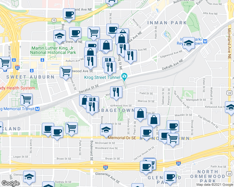 map of restaurants, bars, coffee shops, grocery stores, and more near 685 Wylie Street Southeast in Atlanta
