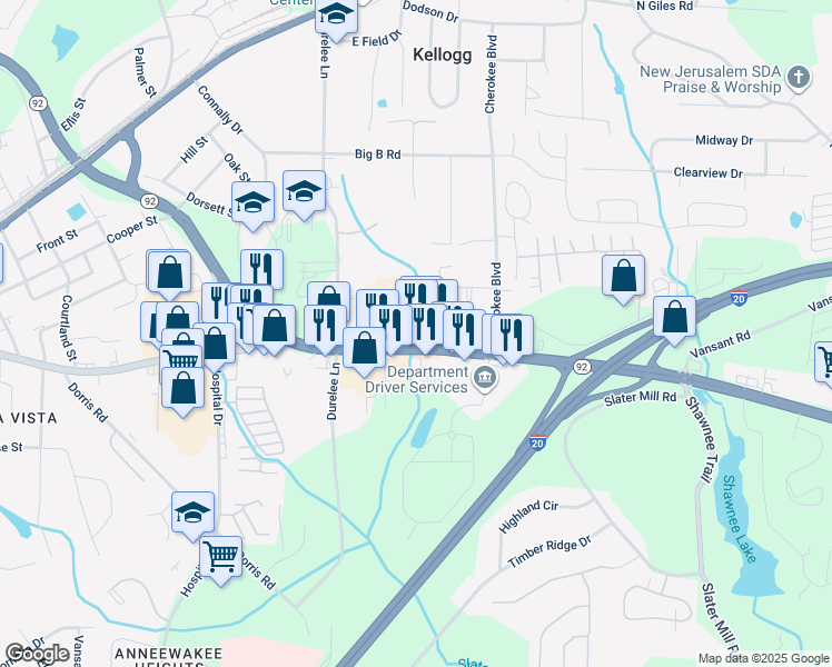 map of restaurants, bars, coffee shops, grocery stores, and more near 5771 Fairburn Road in Douglasville