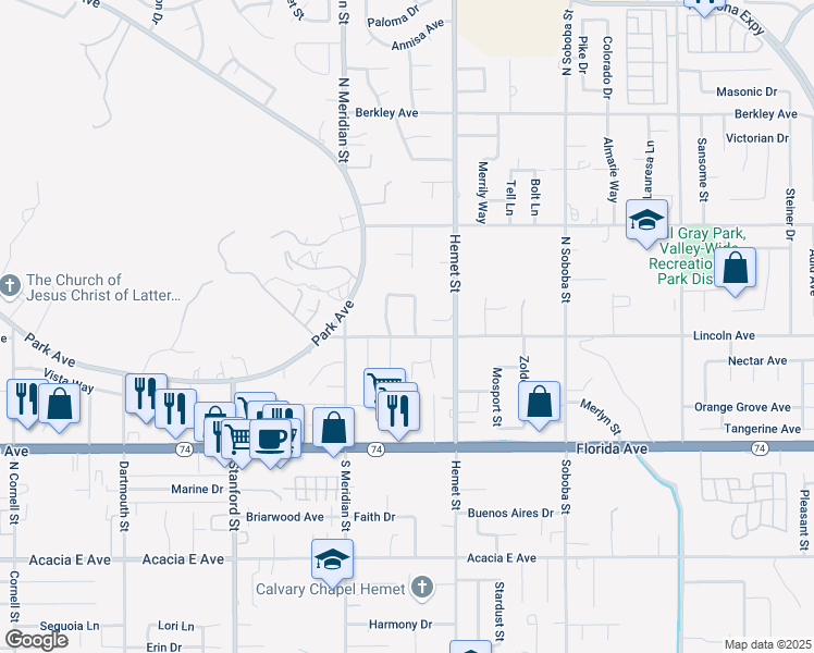 map of restaurants, bars, coffee shops, grocery stores, and more near 311 Tabby Lane in Hemet