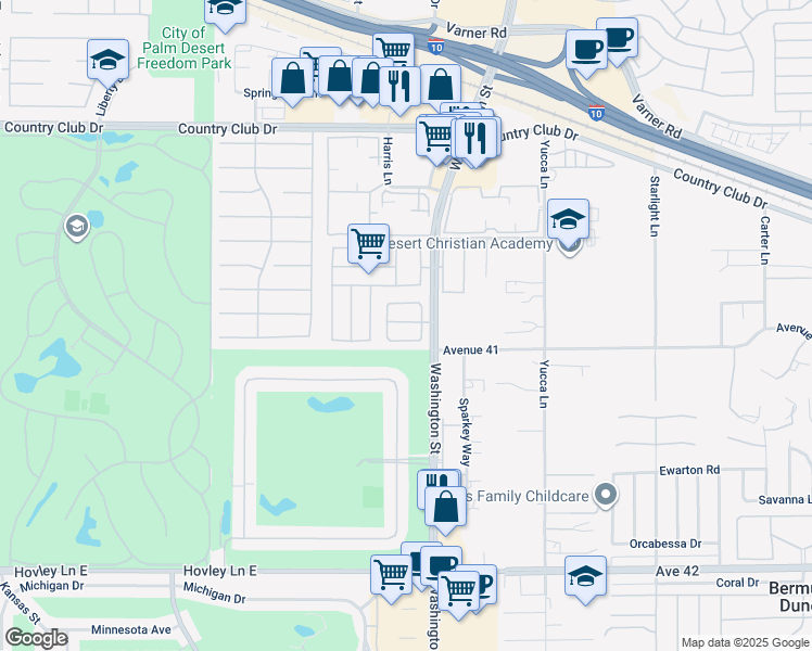 map of restaurants, bars, coffee shops, grocery stores, and more near 40785 Breezy Pass Road in Palm Desert