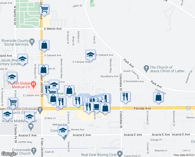 map of restaurants, bars, coffee shops, grocery stores, and more near 2176 East Devonshire Avenue in Hemet