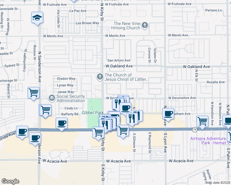 map of restaurants, bars, coffee shops, grocery stores, and more near 2250 Chanaral Avenue in Hemet