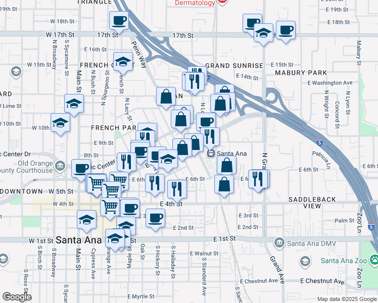 map of restaurants, bars, coffee shops, grocery stores, and more near 942 East Santa Ana Boulevard in Santa Ana