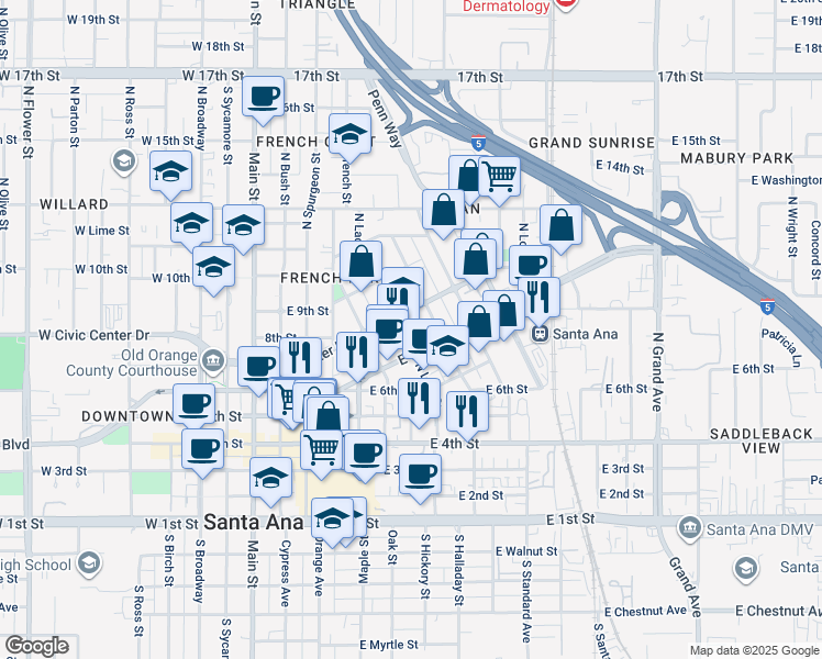 map of restaurants, bars, coffee shops, grocery stores, and more near 703 North Lacy Street in Santa Ana
