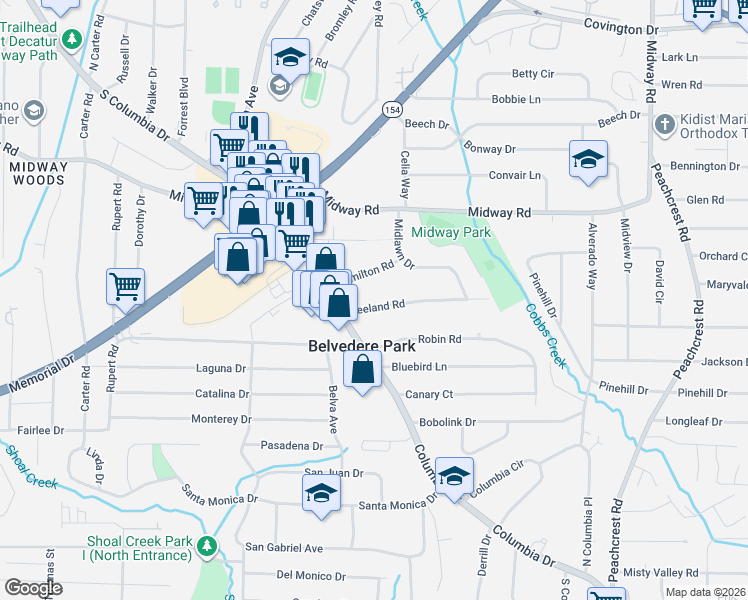 map of restaurants, bars, coffee shops, grocery stores, and more near 3076 Leeland Road in Decatur