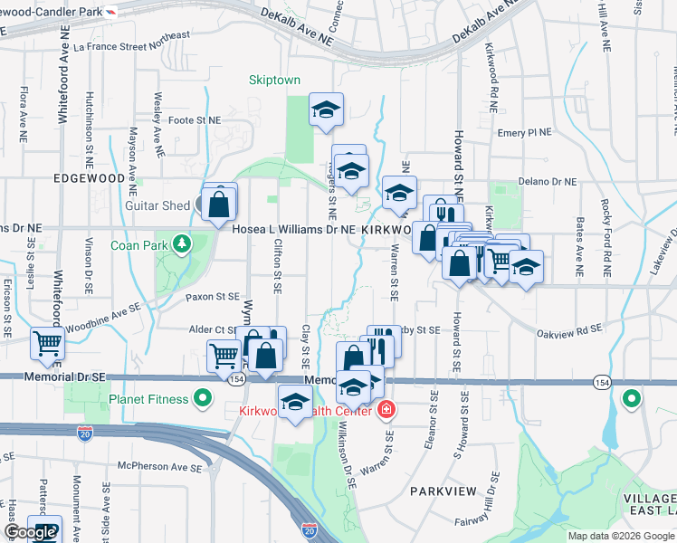 map of restaurants, bars, coffee shops, grocery stores, and more near 60 Rogers Street Southeast in Atlanta