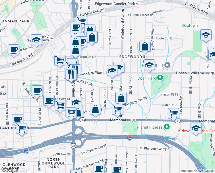 map of restaurants, bars, coffee shops, grocery stores, and more near 1324 Wylie Street Southeast in Atlanta