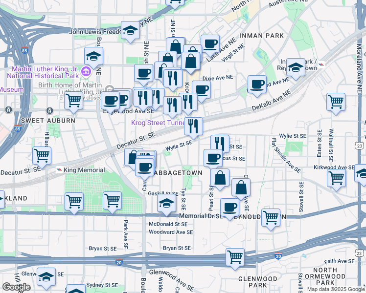 map of restaurants, bars, coffee shops, grocery stores, and more near 685 Wylie Street Southeast in Atlanta