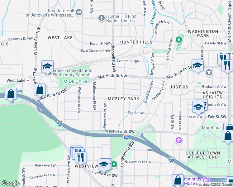 map of restaurants, bars, coffee shops, grocery stores, and more near 1407 Mozley Place Southwest in Atlanta