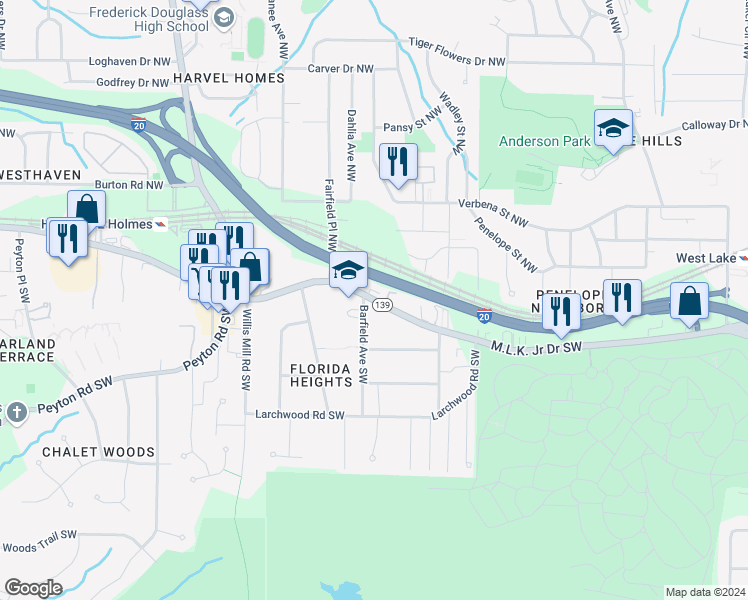 map of restaurants, bars, coffee shops, grocery stores, and more near 2163 Martin Luther King Junior Drive Southwest in Atlanta