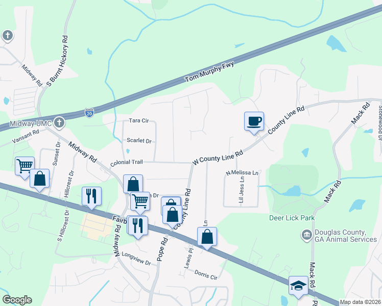 map of restaurants, bars, coffee shops, grocery stores, and more near 3596 West County Line Road in Douglasville