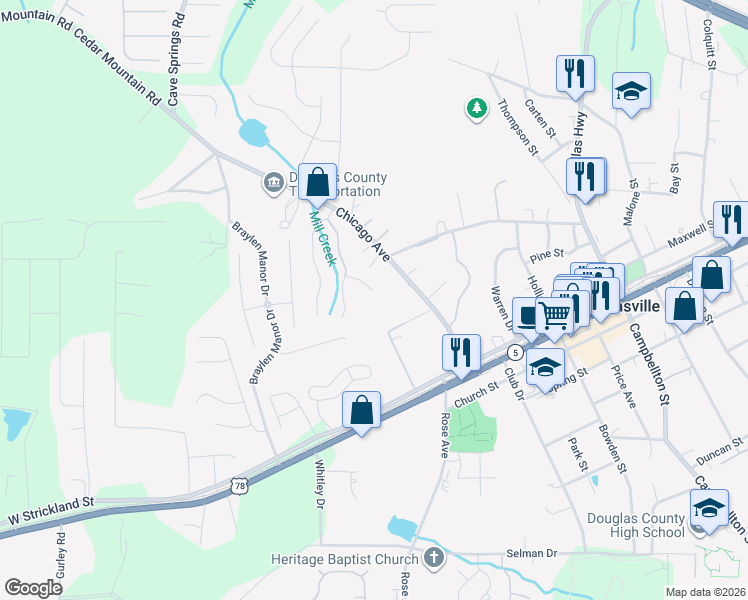 map of restaurants, bars, coffee shops, grocery stores, and more near 8349 Ramblin Court in Douglasville