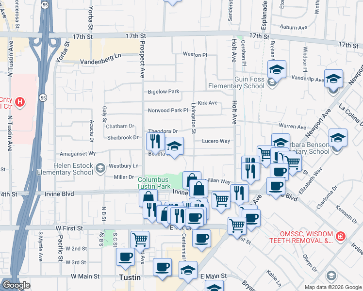 map of restaurants, bars, coffee shops, grocery stores, and more near 17952 Lucero Way in Tustin