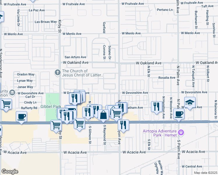 map of restaurants, bars, coffee shops, grocery stores, and more near 1906 Calle Pasito in Hemet