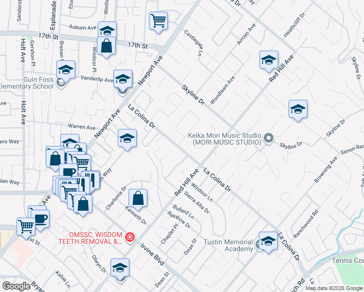 map of restaurants, bars, coffee shops, grocery stores, and more near 12472 Woodlawn Avenue in Tustin