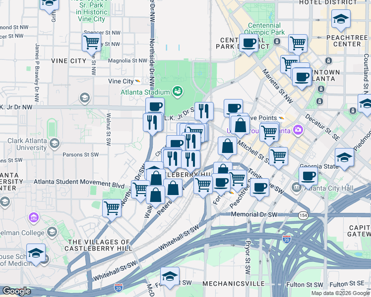 map of restaurants, bars, coffee shops, grocery stores, and more near 106 Mangum St SW in Atlanta