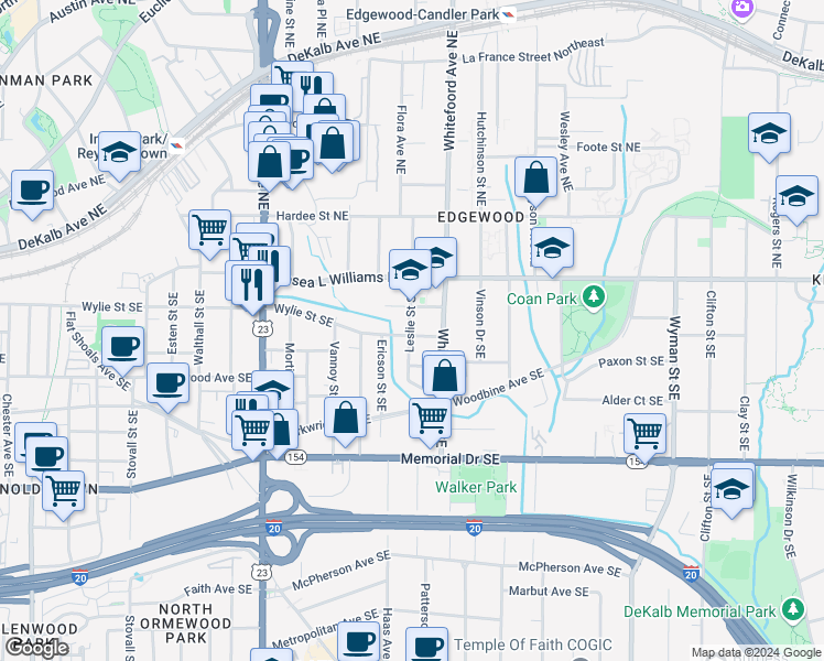 map of restaurants, bars, coffee shops, grocery stores, and more near 1352 Wylie Street Southeast in Atlanta