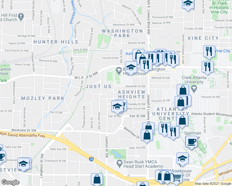 map of restaurants, bars, coffee shops, grocery stores, and more near 1040 Palmetto Avenue Southwest in Atlanta