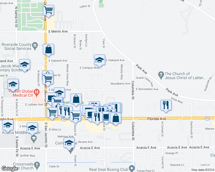 map of restaurants, bars, coffee shops, grocery stores, and more near 2129 Woodberry Avenue in Hemet
