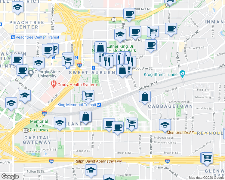 map of restaurants, bars, coffee shops, grocery stores, and more near 412 Todd Street in Atlanta