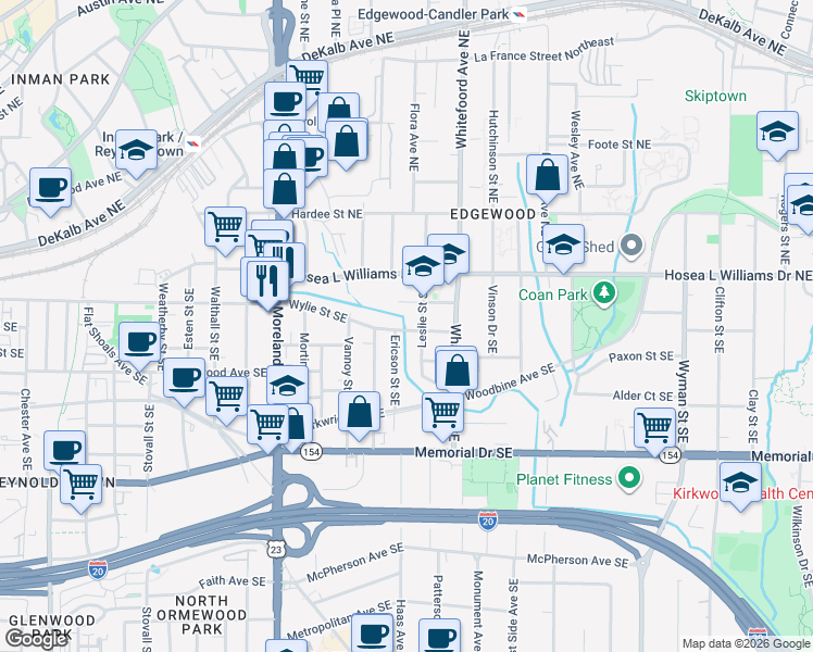 map of restaurants, bars, coffee shops, grocery stores, and more near 1324 Wylie Street Southeast in Atlanta