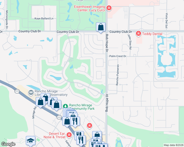map of restaurants, bars, coffee shops, grocery stores, and more near 89 La Ronda Drive in Rancho Mirage