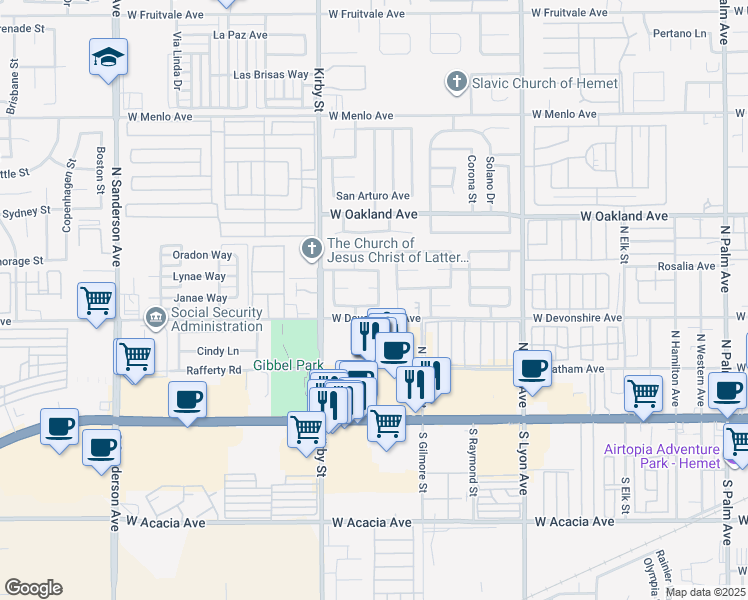 map of restaurants, bars, coffee shops, grocery stores, and more near 2250 Chanaral Avenue in Hemet