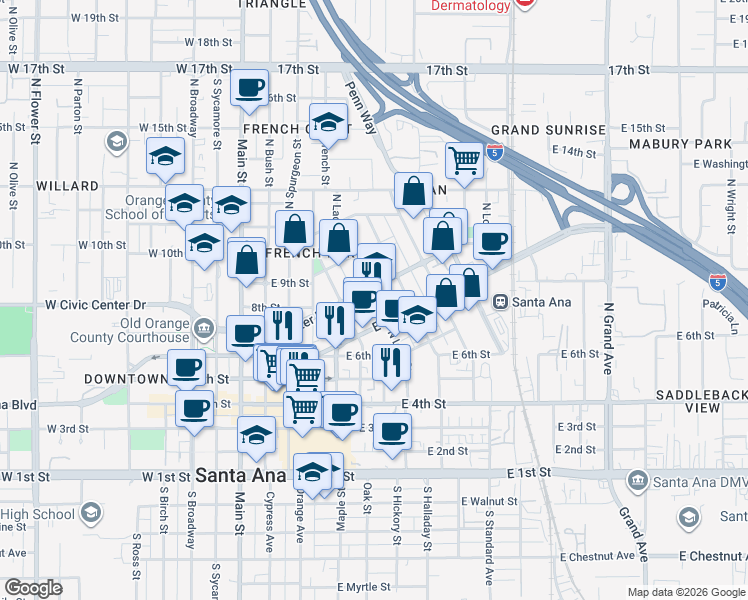 map of restaurants, bars, coffee shops, grocery stores, and more near 727 North Minter Street in Santa Ana