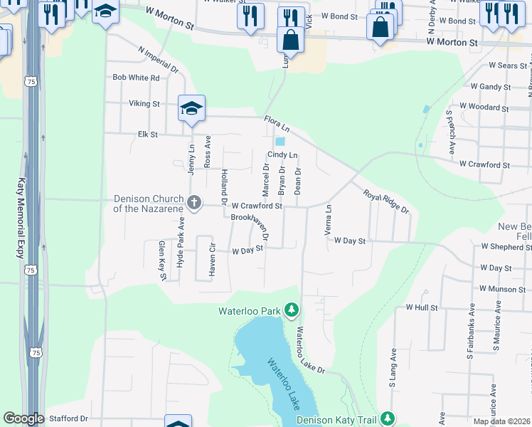 map of restaurants, bars, coffee shops, grocery stores, and more near 2529 Brookhaven Drive in Denison