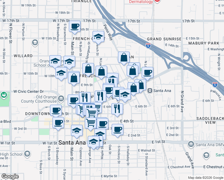 map of restaurants, bars, coffee shops, grocery stores, and more near 720 North Lacy Street in Santa Ana