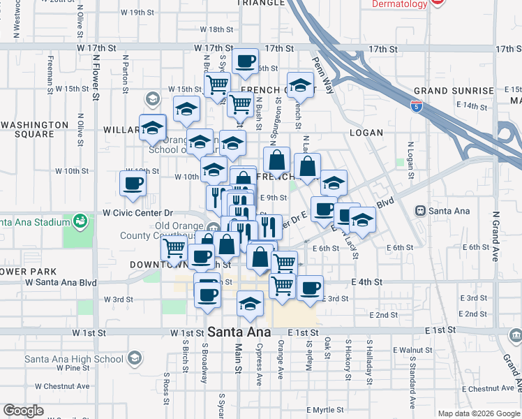 map of restaurants, bars, coffee shops, grocery stores, and more near 805 North Bush Street in Santa Ana