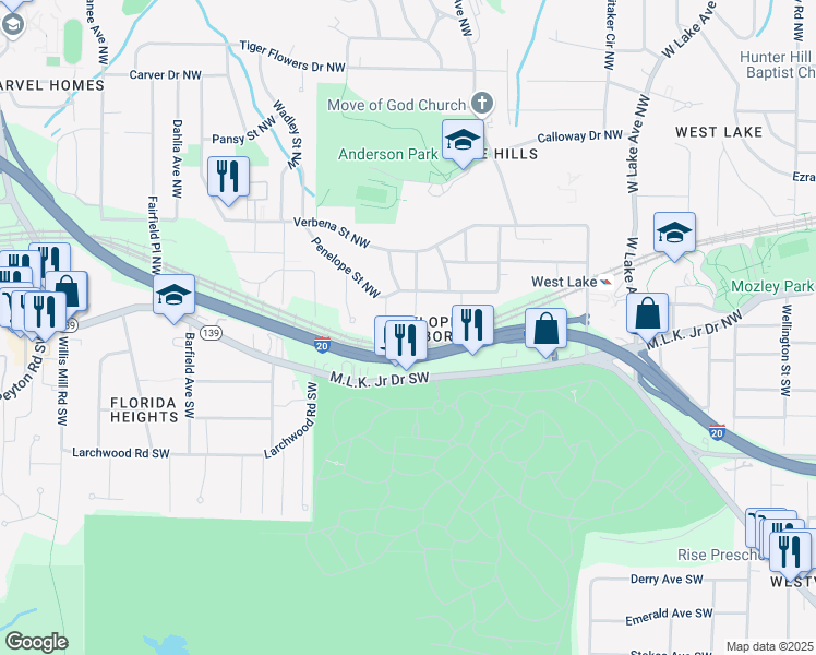 map of restaurants, bars, coffee shops, grocery stores, and more near 174 Howard Street Northwest in Atlanta